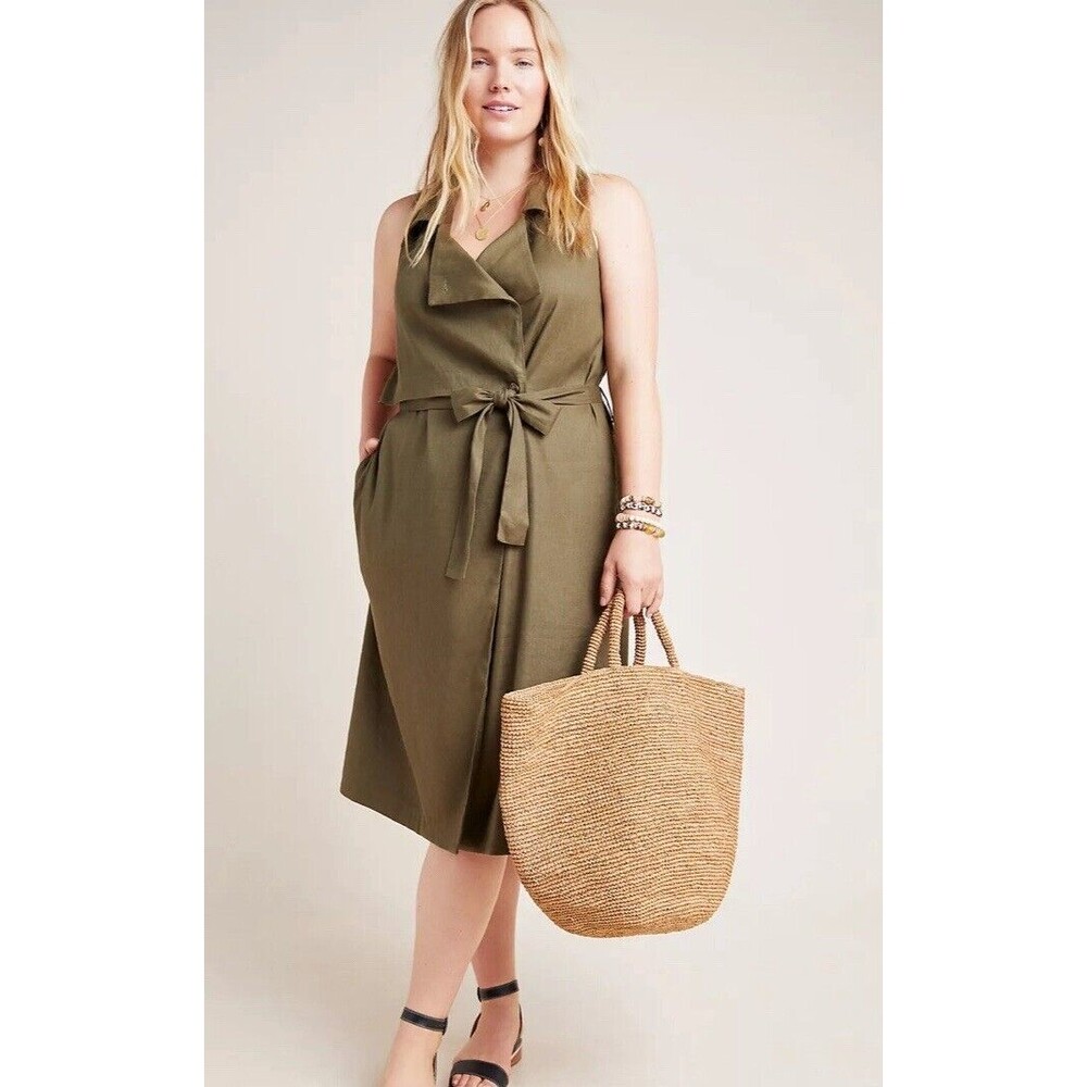 Anthropologie Trench Coat Dress Hollis XS Women Tie Front Vest Green Sleeveless
